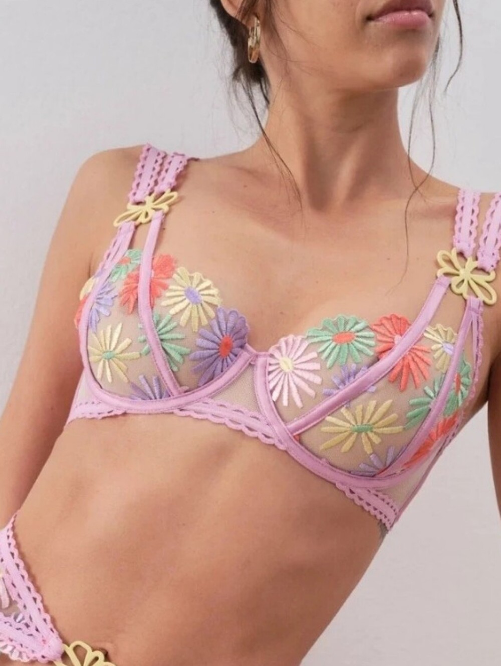For Love And Lemons Pastel Pink Floral Embroidered Lace Bra